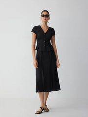 Cotton V-Neck Button Front Peplum Top & Mid Rise A-line Maxi Skirt Set With Belt