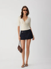 V-neck Middle Sleeve Lace Trim Tie Front Top
