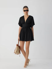 Textured V-neck Ruched Mid Rise Bell Sleeve Romper