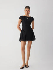 Chiffon Boat Neck Ruched A-line Mini Dress