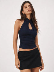 Stretch Denim Stand Collar Cut Out Ruched Halter Tank Top