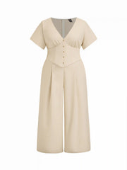 Linen-blend Mid Rise V-neck Ruched Wide Leg Jumpsuit Curve & Plus