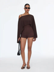Textured Boat Neck High Rise Drawstring Slim Romper With Scarf