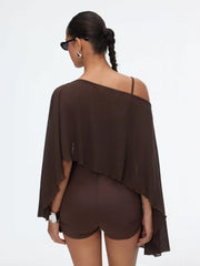 Textured Boat Neck High Rise Drawstring Slim Romper With Scarf