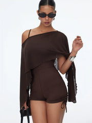 Textured Boat Neck High Rise Drawstring Slim Romper With Scarf