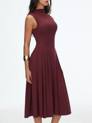 High Neck Solid Pocket Ruffle Midi Dress