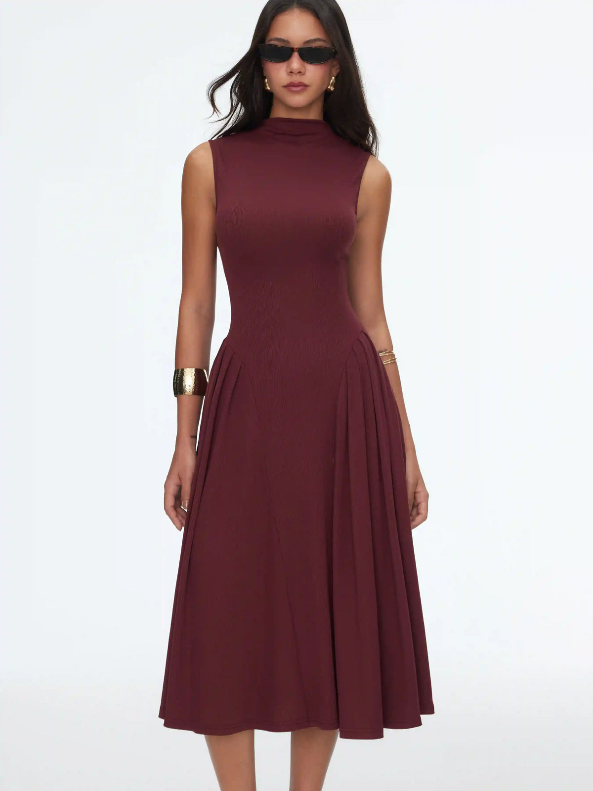 High Neck Solid Pocket Ruffle Midi Dress