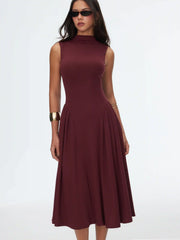 High Neck Solid Pocket Ruffle Midi Dress