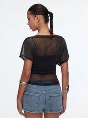 Metallic Mesh Textured Batwing Sleeve Lined Tee