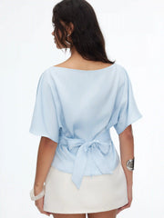 Boat Neck Batwing Sleeve Tie Back Top