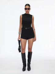 High Neck Sleeveless Belted Romper