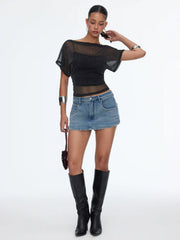 Metallic Mesh Textured Batwing Sleeve Lined Tee