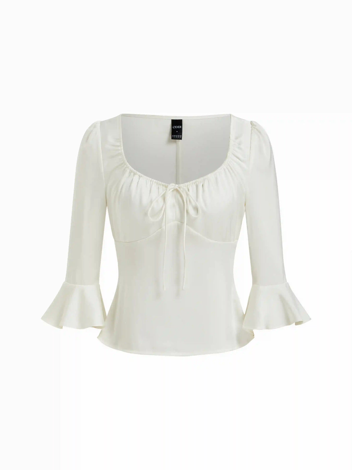 Satin Scoop Neck Ruffle Sleeve Drawstring Blouse