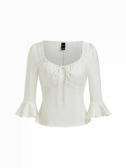 Satin Scoop Neck Ruffle Sleeve Drawstring Blouse