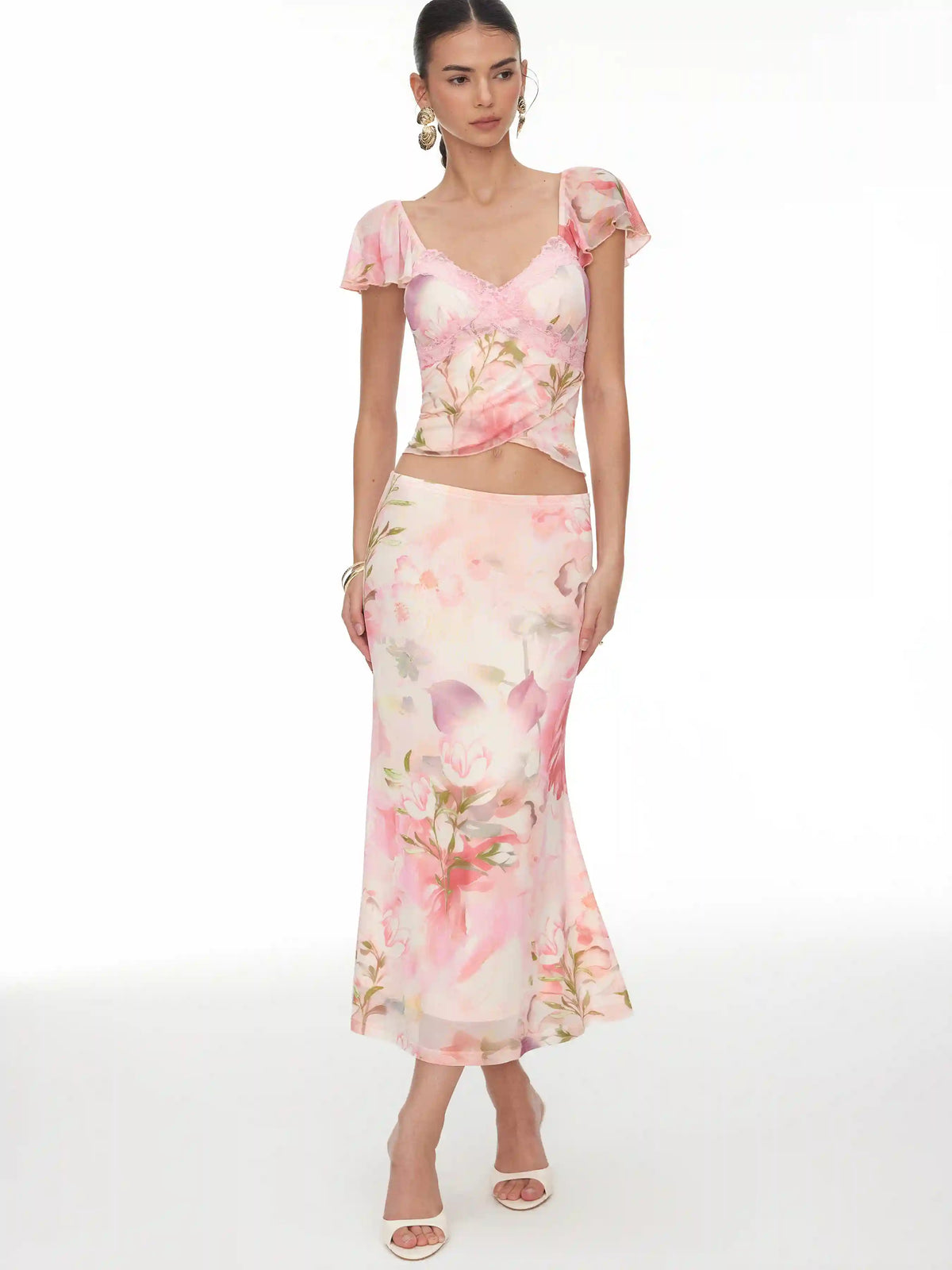 Floral Lace Trim Top and Maxi Skirt Set