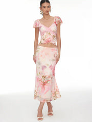Floral Lace Trim Top and Maxi Skirt Set