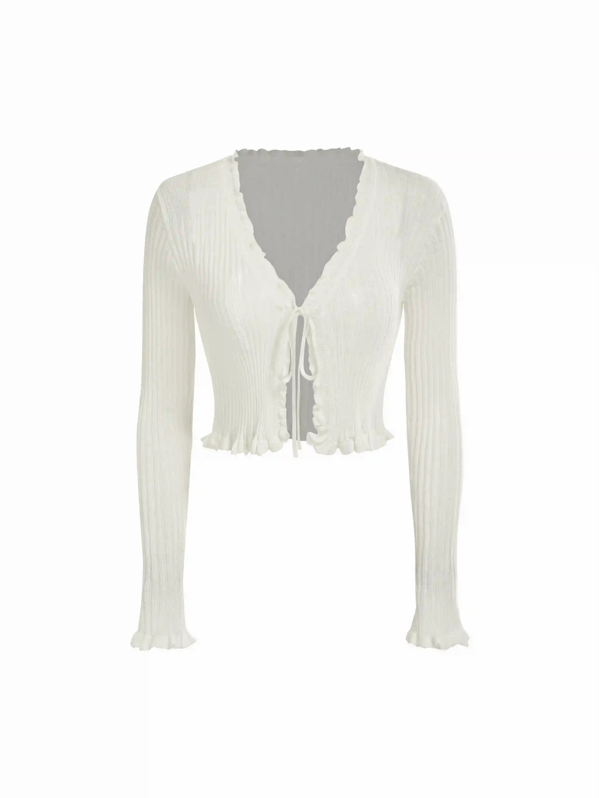 Knit Textured V-neck Tie Front Ruffle Sleeve Crop Top