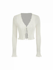 Knit Textured V-neck Tie Front Ruffle Sleeve Crop Top