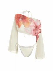 Mesh Halter Neckline Floral Asymmetrical Triangle Low Rise Tie Side Bikini Set