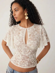 Lace Floral Bell Sleeve Cut Out Top