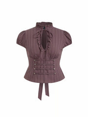Woven Stand Collar Stripes Short Sleeve Blouses & Shirts Curve & Plus
