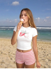 Strawberry Graphic Round Neck Tee and Striped Shorts Set