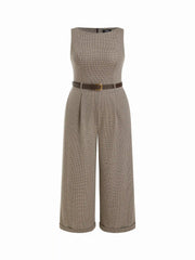Houndstooth Boat Neck Zipper Wide Leg Jumpsuit With Belt Curve & Plus