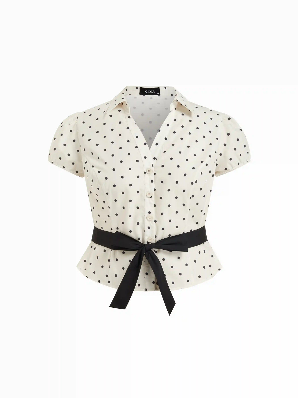 Cotton Polka Dot Puff Sleeve Bowknot Blouse with Belt Curve & Plus