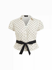 Cotton Polka Dot Puff Sleeve Bowknot Blouse with Belt Curve & Plus