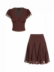Chiffon V-neck Ruffled Sleeve Top & Low Rise A-line Midi Skirt Set