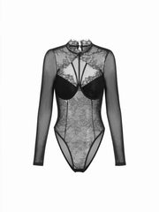 Mesh Lace Cut Out Criss Cross Long Sleeve Shapewear