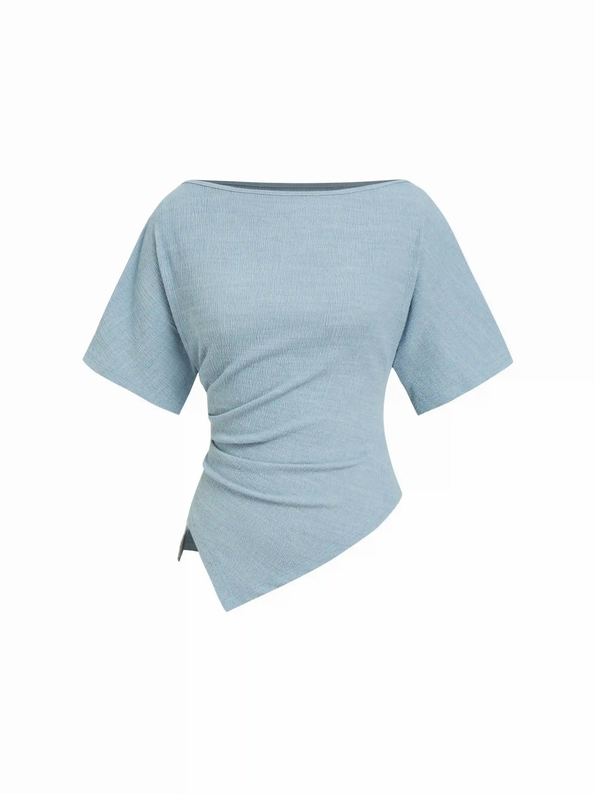 Textured Boat Neck Ruched Asymmetrical Hem Short Sleeve Tee