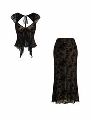 Flocked Mesh Floral Tie Front Top & Mid Rise Midi Skirt Set