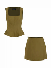 Linen-blend Square Neck Peplum Top & Mid Rise Mini Skirt Set