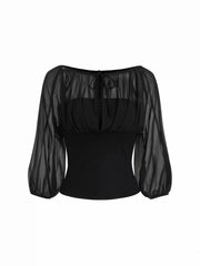 Textured Boat Neck Lantern Sleeve Ruched Bowknot Blouse