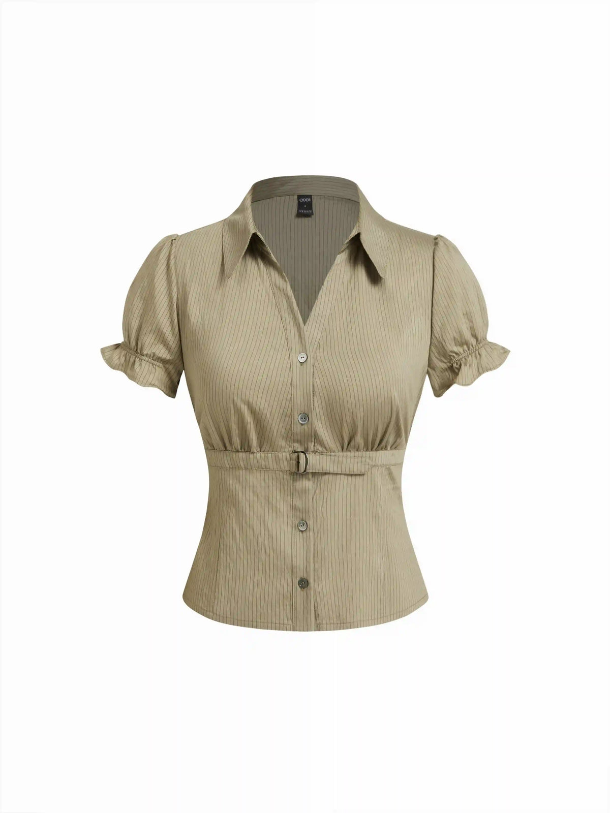 Striped Puff Sleeve Metal Detail Belted Blouse