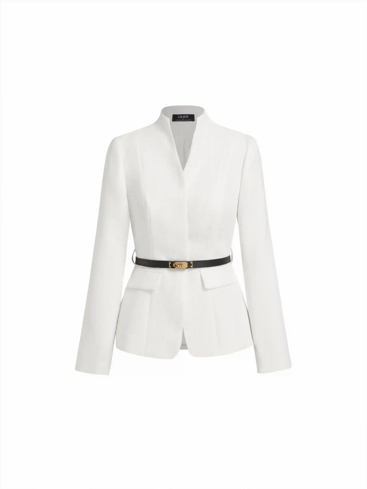 Textured Stand Collar Long Sleeve Blazer With Belt