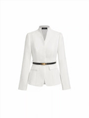 Textured Stand Collar Long Sleeve Blazer With Belt