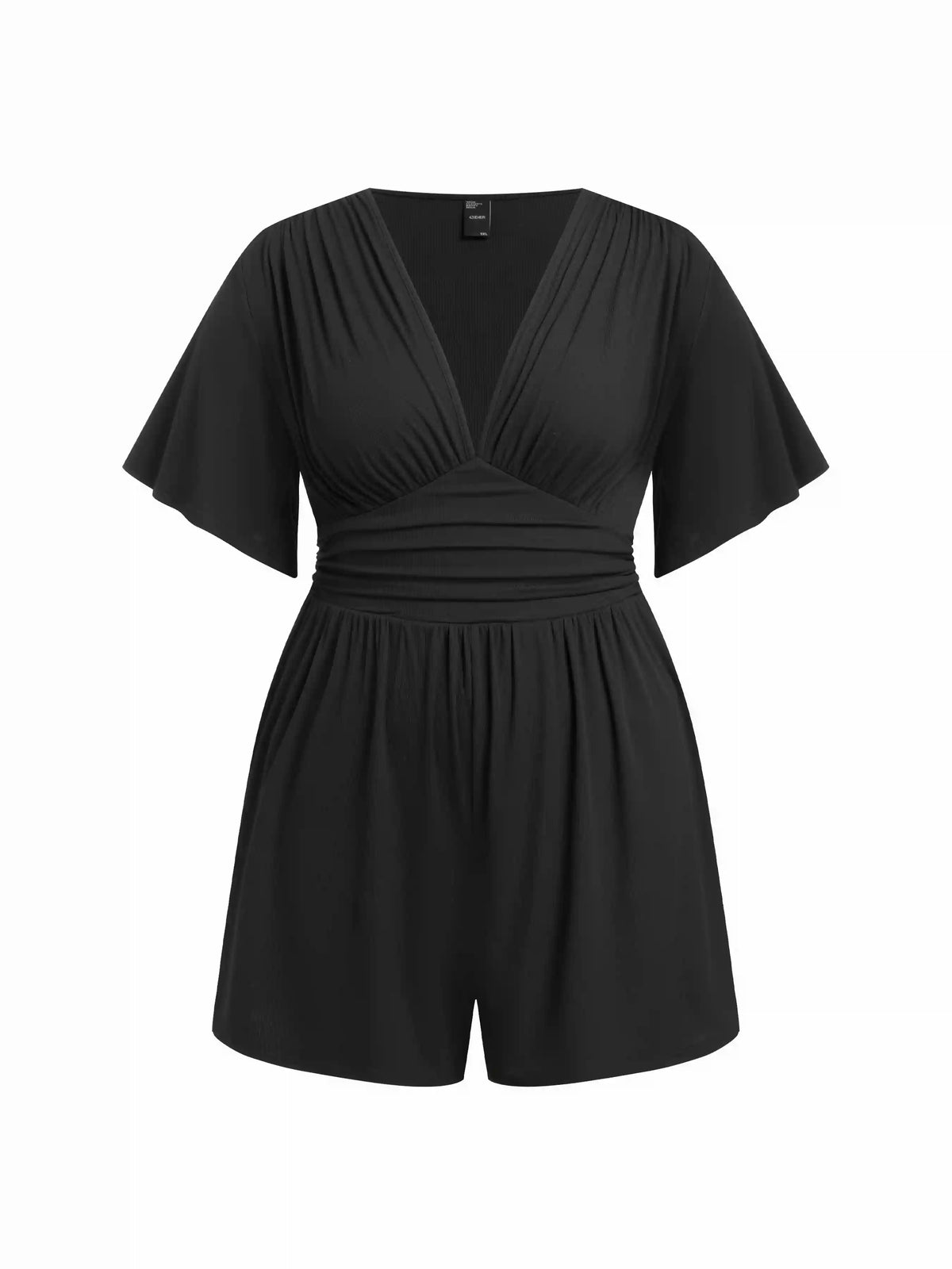 Textured V-neck Batwing Sleeve Draped Mid Rise Romper Curve & Plus