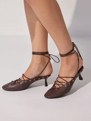 LACE-UP MULE KITTEN HEELS