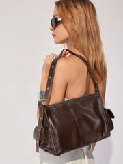 DOUBLE POCKET FAUX LEATHER SHOULDER BAG