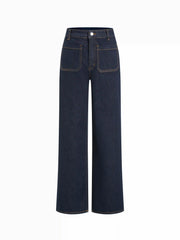 Stretch Denim Mid Rise Washed Metal Detail Straight Leg Jeans