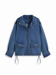 Denim Stand Collar Washed Drawstring Metal Detail Oversized Jacket