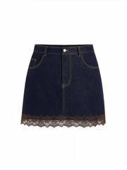 Stretch Denim Mid Rise Lace Trim Metal Detail A Line Mini Skirt Curve & Plus