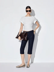 Cotton-blend Boat Neck Ruched Short Sleeve Tee