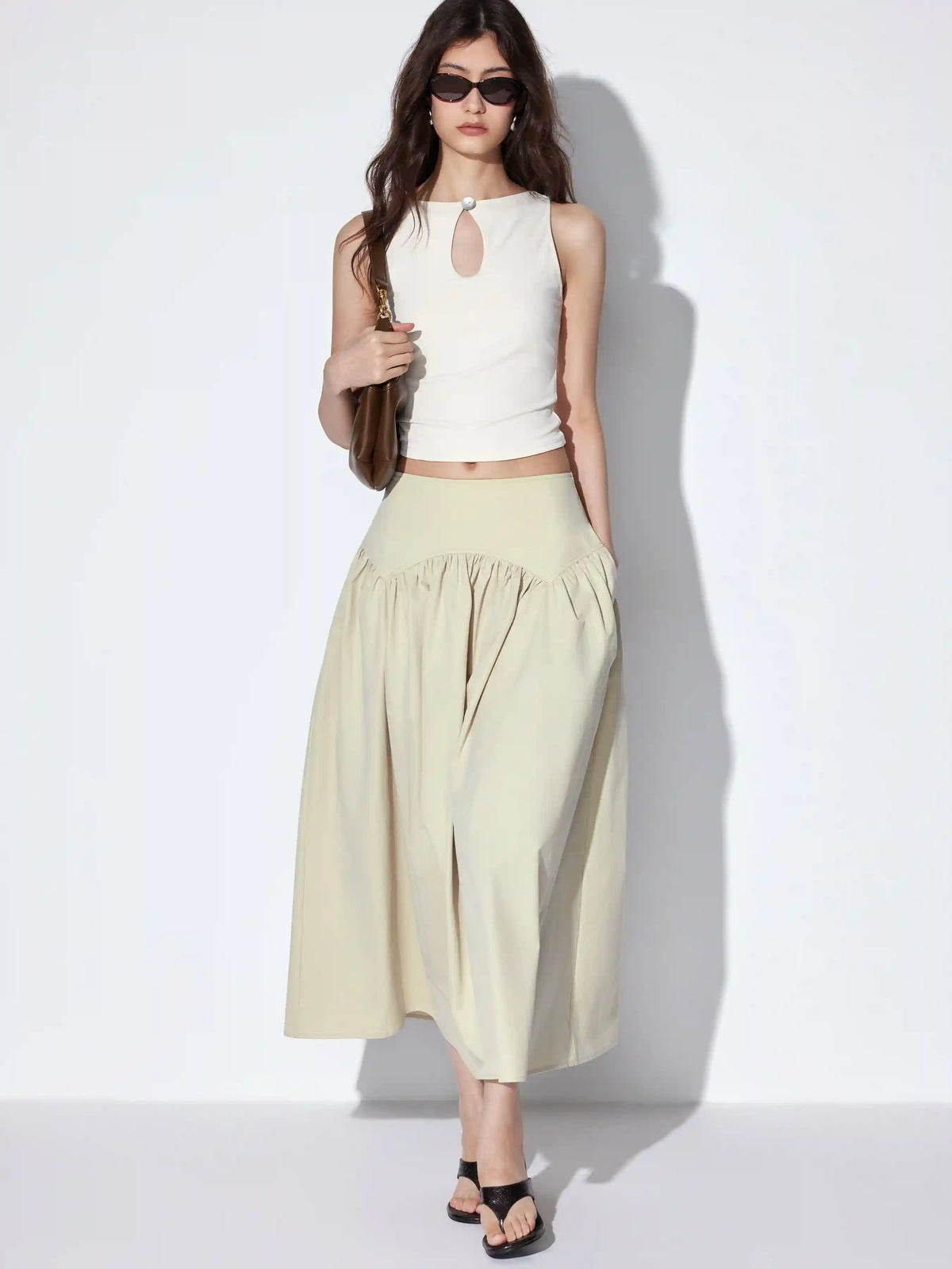 Low Rise Ruched Flared Maxi Skirt