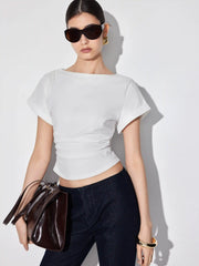 Cotton-blend Boat Neck Ruched Short Sleeve Tee