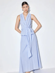 Textured Cotton-blend V-neck Tie Front Top & Mid Rise Maxi Skirt Set