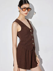 Textured V-neck Metal Detail Top & Mid Rise Drawstring Shorts Set