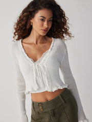 Knit Textured V-neck Tie Front Ruffle Sleeve Crop Top